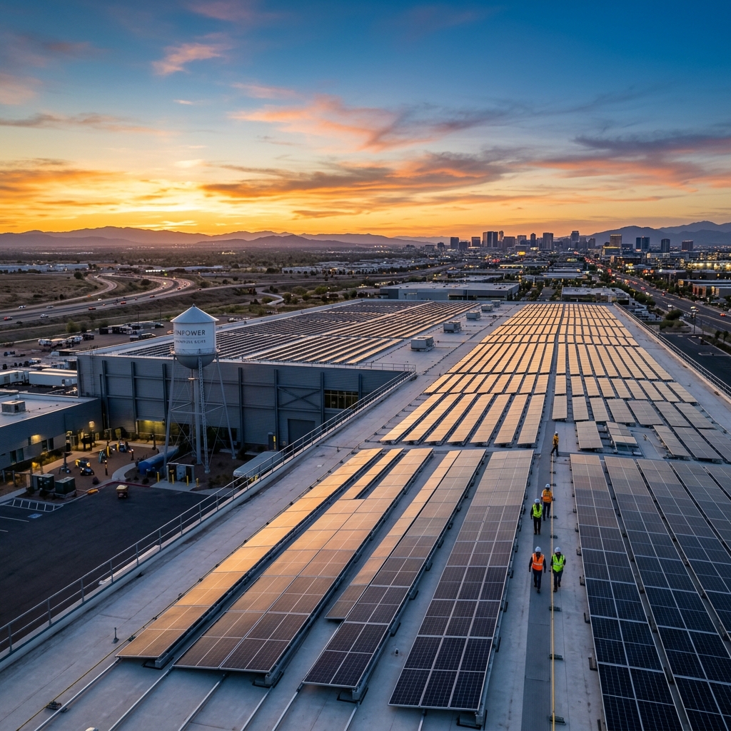 Large-scale solar panel installation at sunset